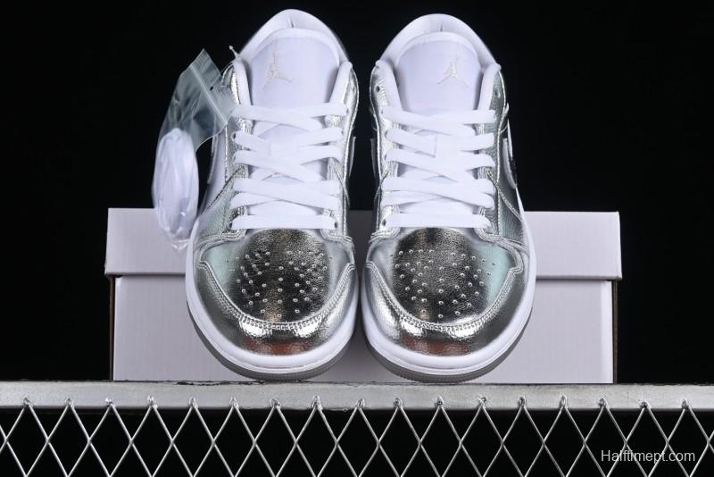 Nike Air Jordan 1 Low "Metallic Silver" Casual Sneakers with Metallic Accents - FN5030-001