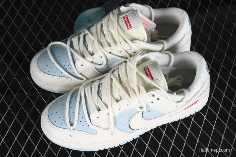Nike SB Dunk Low Supreme Collaboration - Ice Blue Engraving Anniversary Customized Low-Top Casual Skate Shoes - JJ5688-107