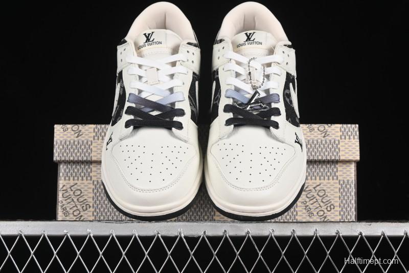 Nike SB Dunk Low LV Collaboration - Beige Black Printed Denim Anniversary High-End Custom Low-Top Casual Skate Shoes - XB3802-357