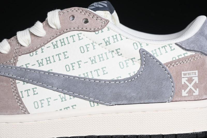 Nike Travis Scott x Fragment Design x Air Jordan 1 Low OG SP AJ1 OF Collaboration - Latte Grey Low Top Casual Sneakers - SJ2068-109