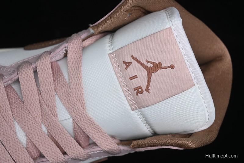 Nike Air Jordan 1 Mid AJ1 Basketball Shoes in Khaki Pink - BQ6472-620
