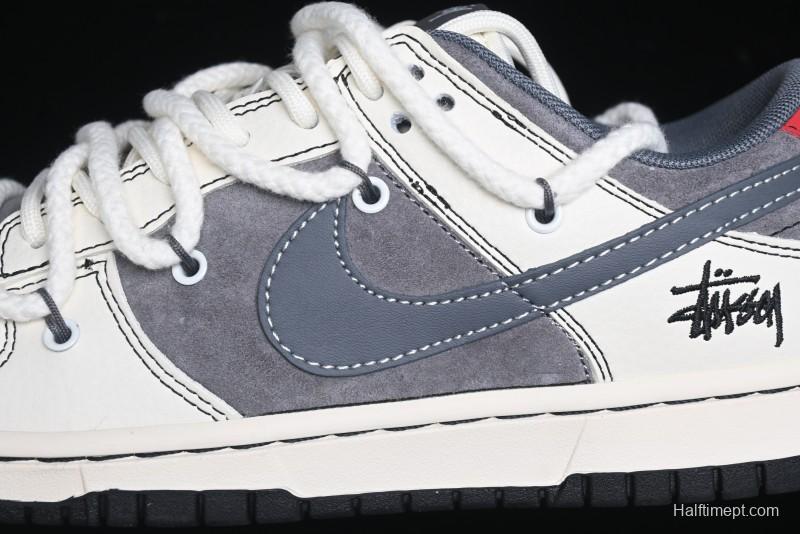 Nike SB Dunk Low Stussy Collaboration - Lace-Up Grey White Grey Check Anniversary High-End Custom Low-Top Casual Skate Shoes - YX5066-207