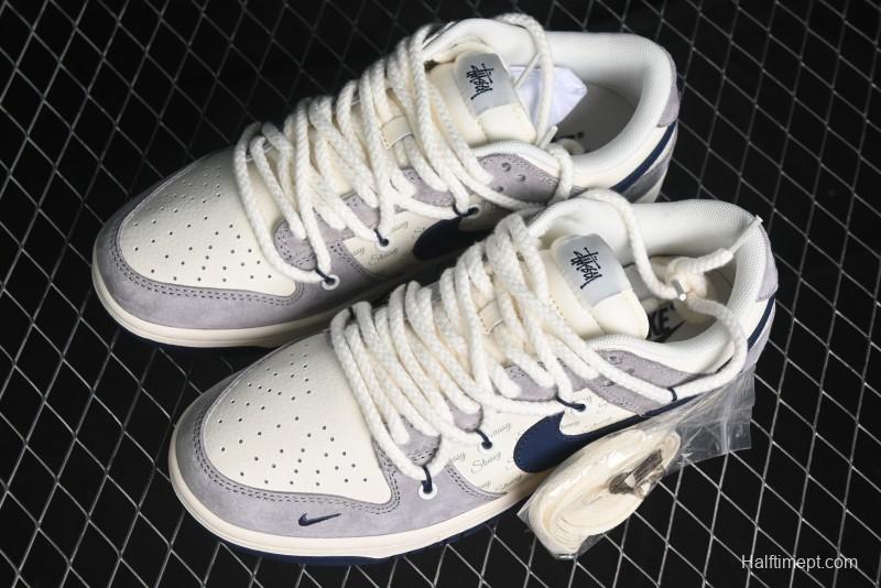 Nike SB Dunk Low Stussy Collaboration - Navy Blue Embroidery Swoosh Anniversary Custom Low-Top Casual Sneakers - SJ2068-296