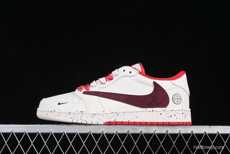 Nike Travis Scott x Fragment Design x Air Jordan 1 Low OG SP AJ1 Stone Island Collaboration Pomegranate Red Low-Top Casual Sneakers - CF3688-077