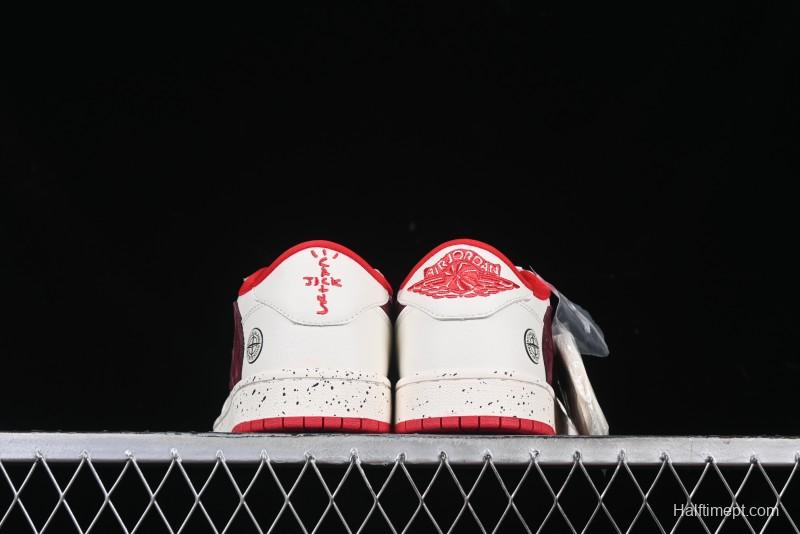 Nike Travis Scott x Fragment Design x Air Jordan 1 Low OG SP AJ1 Stone Island Collaboration Pomegranate Red Low-Top Casual Sneakers - CF3688-077