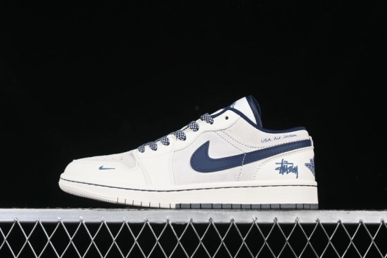 Nike Air Jordan 1 Low Stussy Collaboration - Light Grey Blue Hook Retro Basketball Shoes - SJ9950-046