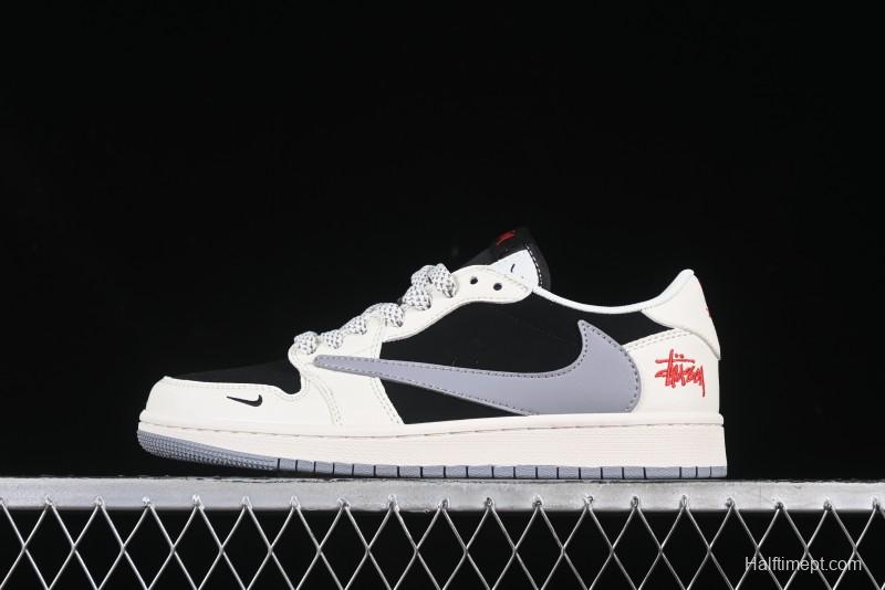 Nike Travis Scott x Fragment Design x Air Jordan 1 Low OG SP AJ1 Sneakers in Light Grey Black Patchwork - XZ6188-575