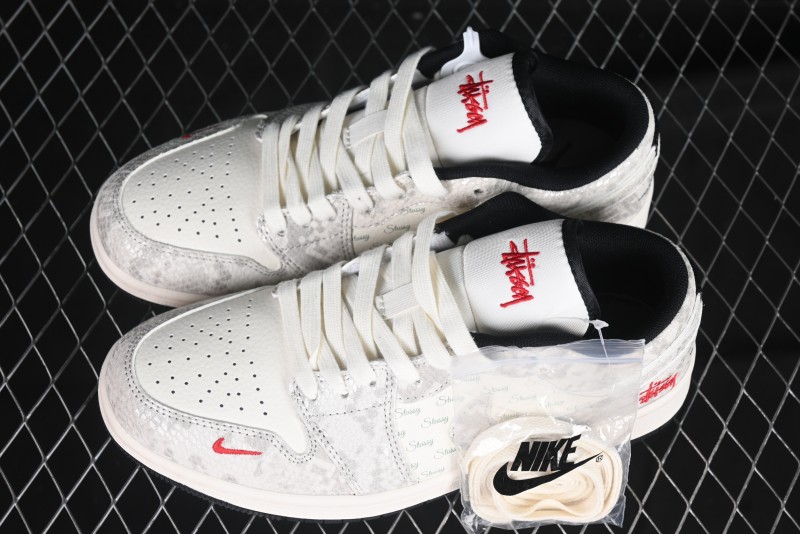 Nike Air Jordan 1 Low Retro Basketball Shoes - Stussy Grey Snake Custom - FC1688-200