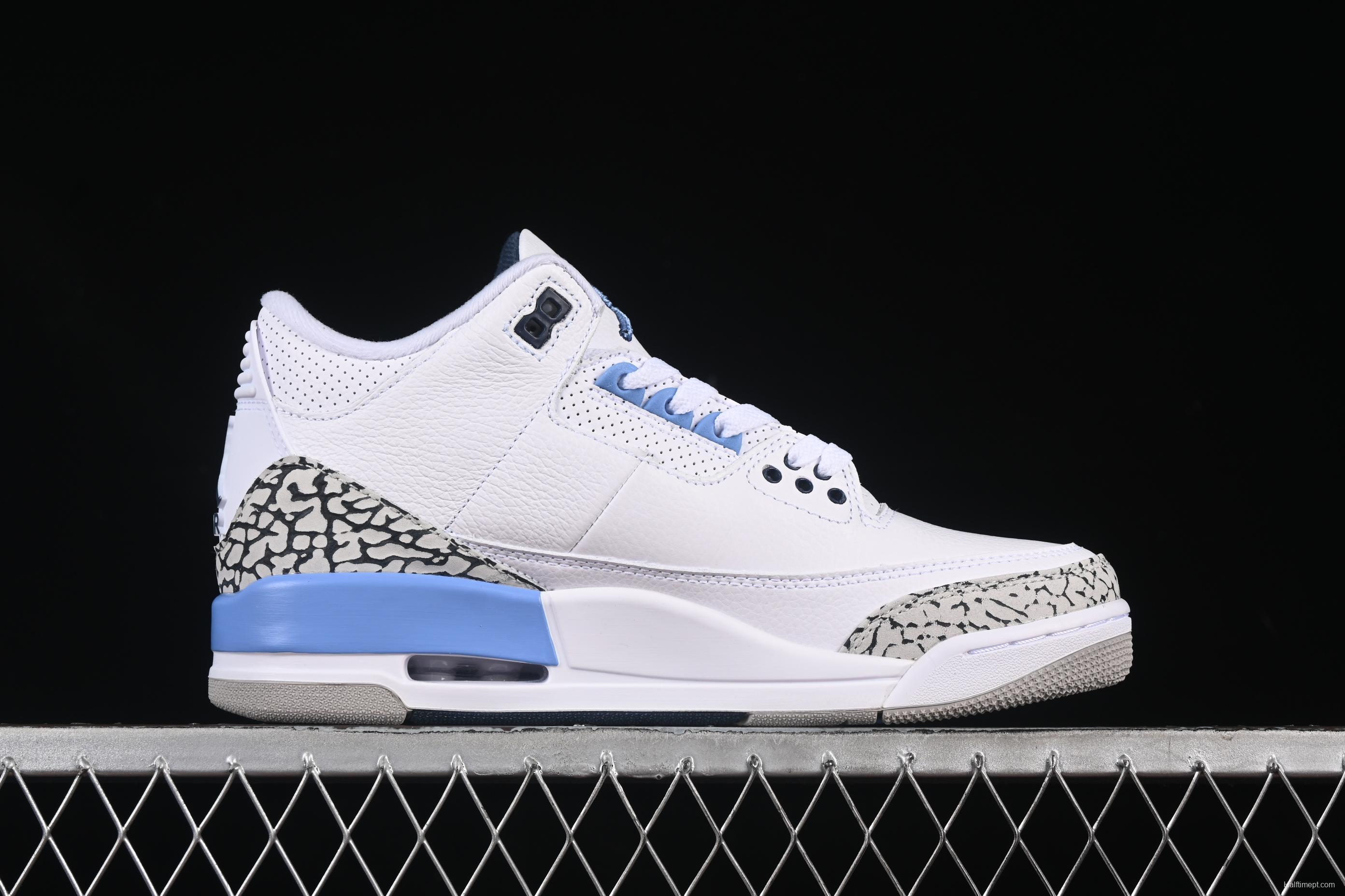 Nike Air Jordan 3 Retro UNC White Blue Cracked Leather Basketball Shoes - CT8532-104