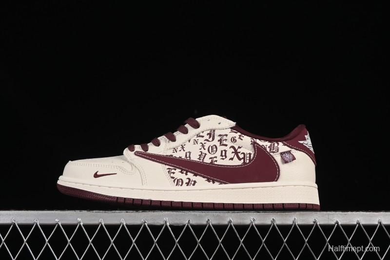 Nike Travis Scott x Fragment Design x Air Jordan 1 Low OG SP AJ1 Cross Hoodie Collaboration Brown Print Low-top Casual Sneakers - LD2025-016