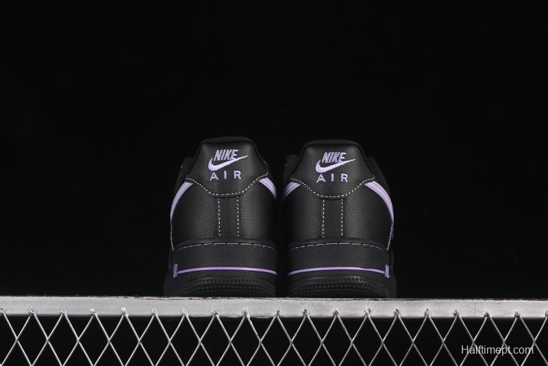 Nike Air Force 1'07 Low Casual Sneakers in Black with Purple Swoosh - HQ2037-001