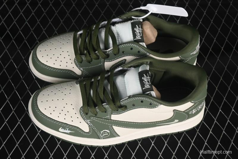 Nike Travis Scott x Fragment Design x Air Jordan 1 Low OG SP AJ1 Stussy Collaboration Oil Green Swoosh Low Top Casual Sneakers - XS2024-025