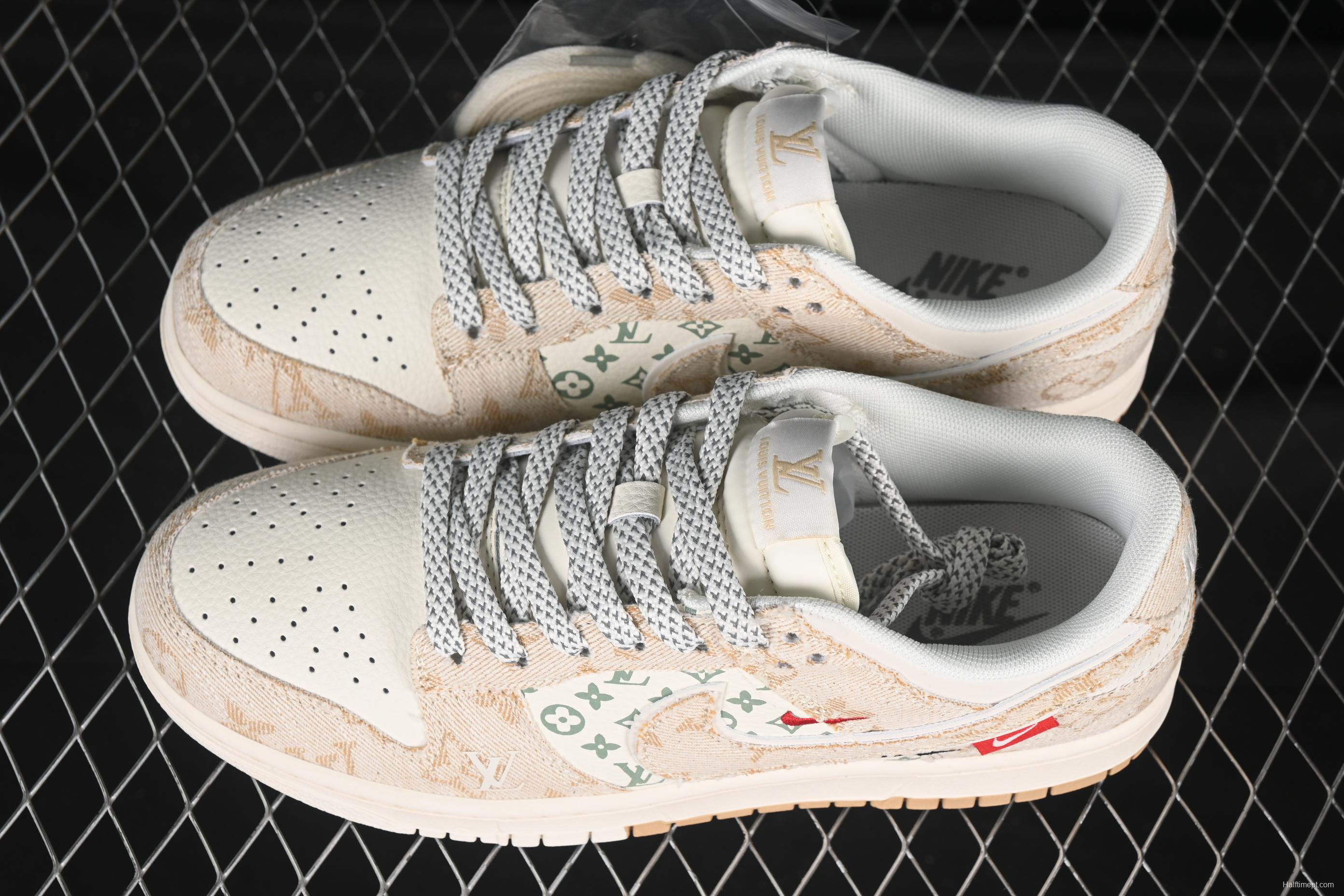 Nike SB Dunk Low LV Collaboration Woven Print Khaki Swoosh Anniversary High-End Custom Low-Top Casual Skate Shoes - YX5066-352