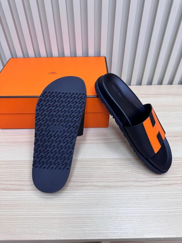 2025 Women Hermès Black Orange Leather Slippers
