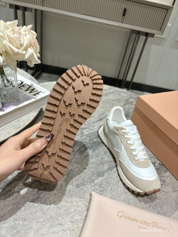 2025 Women Hermès White Beige Leather Mesh Sneakers