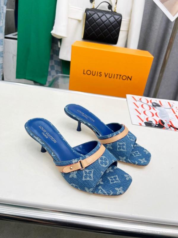 2025 Women Louis Vuitton Denim Blue Leather Heeled Sandals LY00260