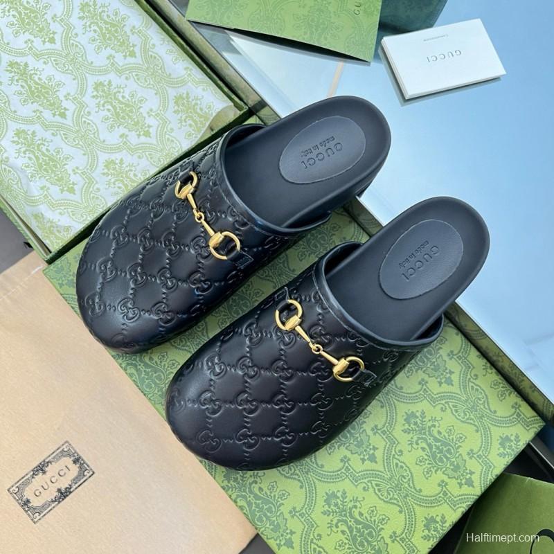 2024 Slippers Gucci Black Leather GG Pattern Horsebit MJ00280