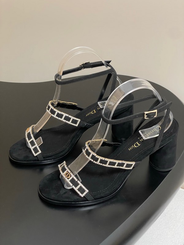 2025 Women Dior Black Suede Crystal Embellished Strap Sandals