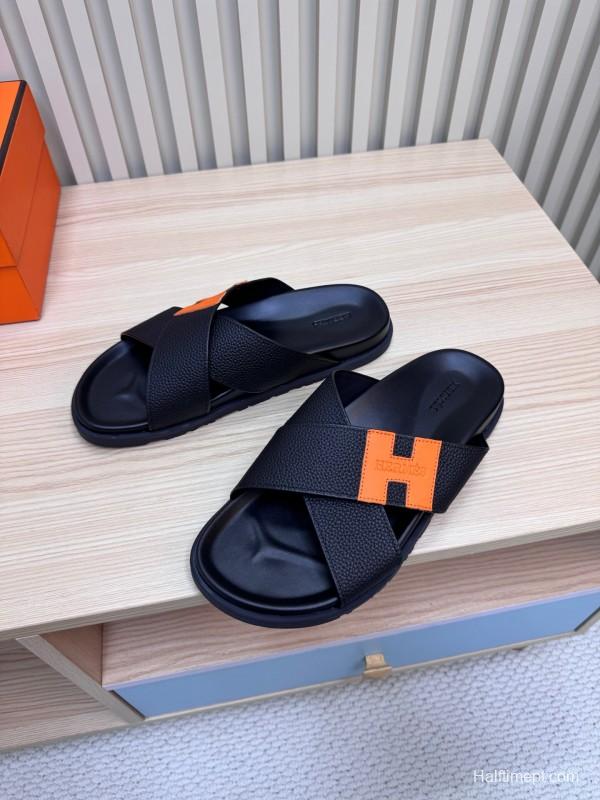 2025 Slippers Hermès Black Orange Leather Slippers