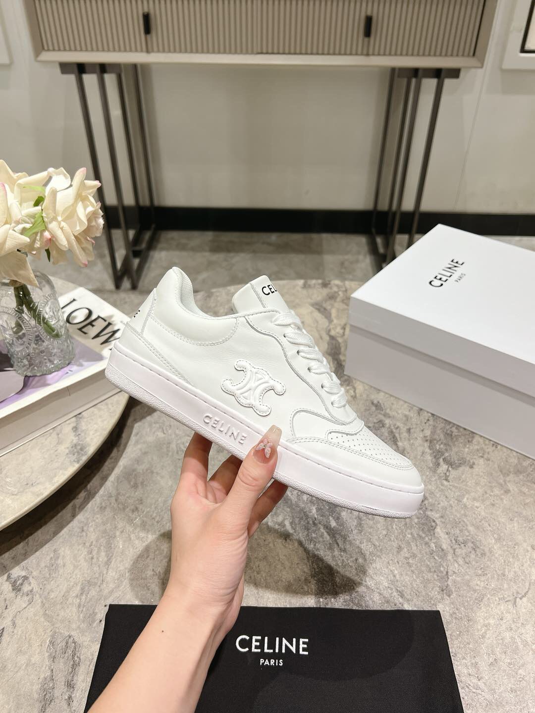 2025 Women Celine White Leather Casual Sneakers