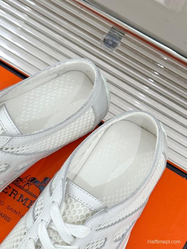 2025 Women Hermès White Mesh Leather Sneakers
