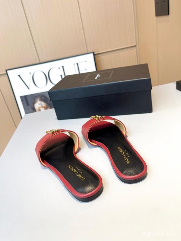 2025 Women Yves Saint Laurent Red Leather Slippers LY00180