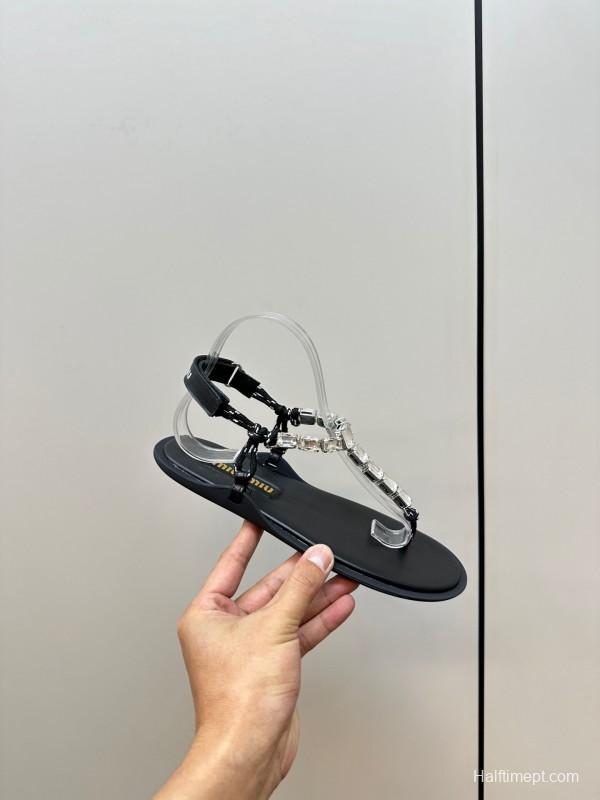 2025 Women Miu Miu Black Leather Rhinestone Sandals LY