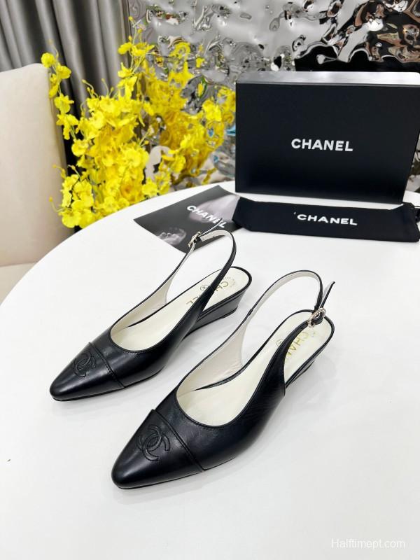 2025 Women Chanel Black Leather Slingback Flats