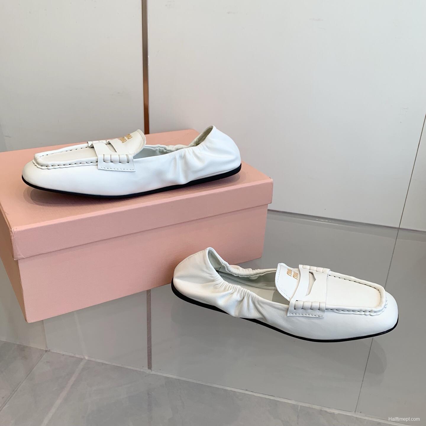 2025 Women Miu Miu White Leather Loafers