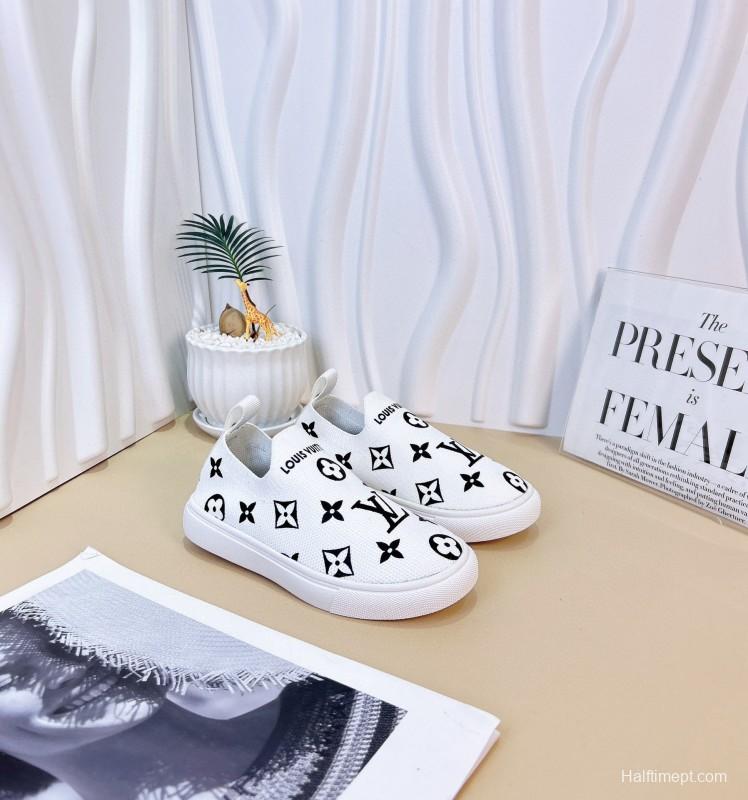2024 Kids Louis Vuitton White Black Pink Canvas Slip-On Sneakers