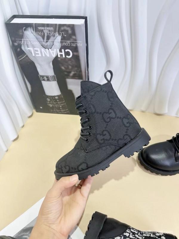 2024 Kids Gucci Brown Black Canvas Leather Boots