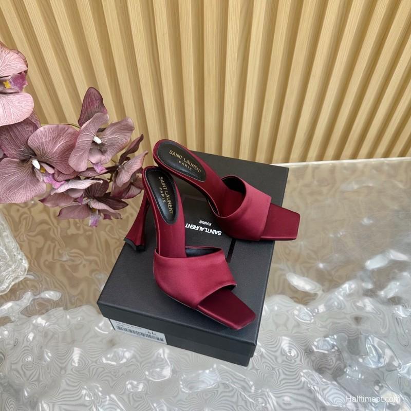 2025 Women Yves Saint Laurent Burgundy Satin High Heel Mules
