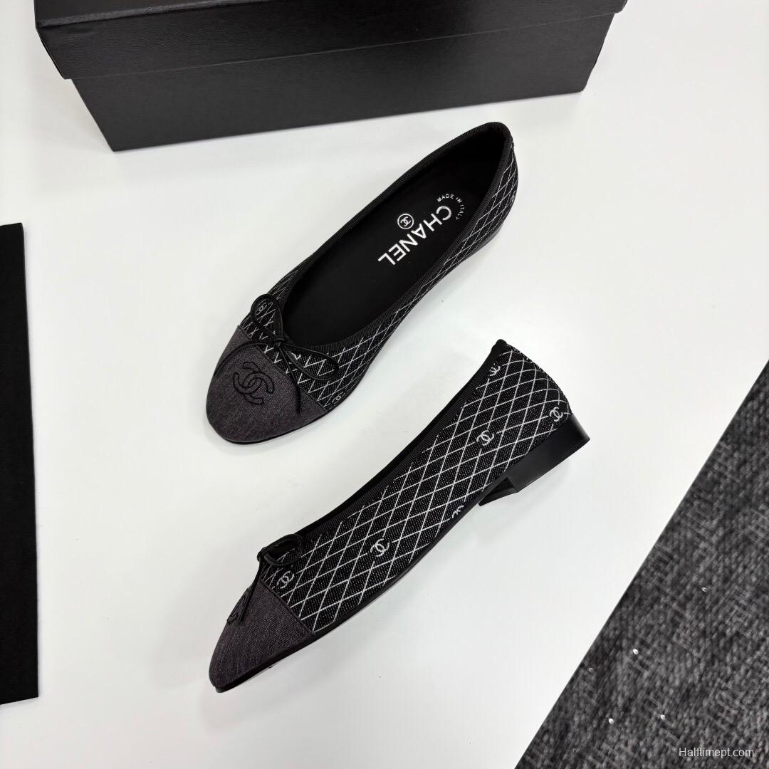 2025 Women Chanel Black Grey Fabric Leather Ballet Flat LY00360
