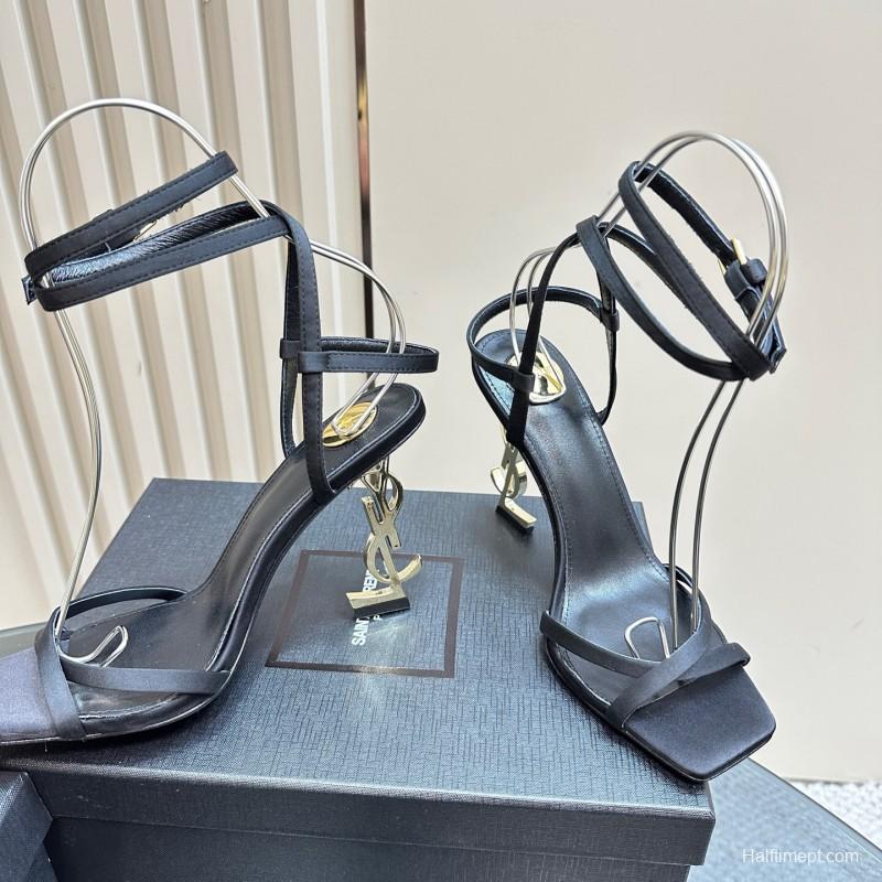 2025 Women Yves Saint Laurent Black Satin High Heel Sandals KFY00290