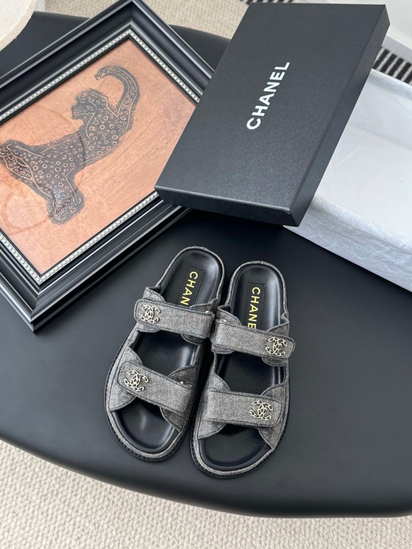 2025 Women Chanel Grey Fabric Leather Sandals Magic Tape LY00310