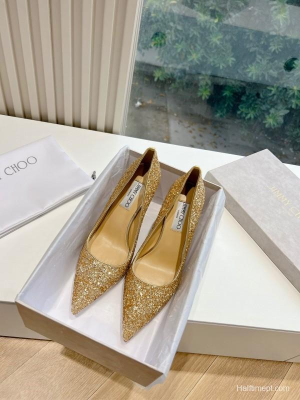 2025 Women Jimmy Choo Gold Crystal Leather Heels KFY00280
