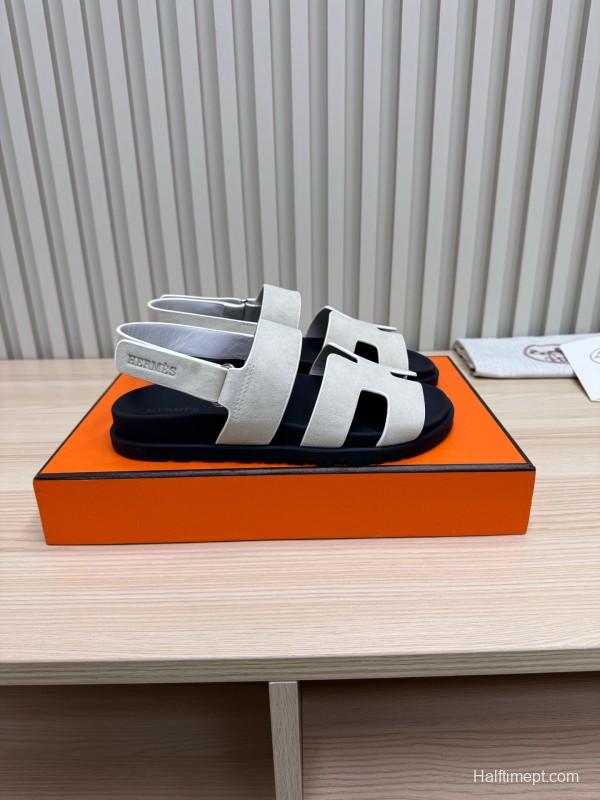 2025 Women Hermès White Leather Slippers