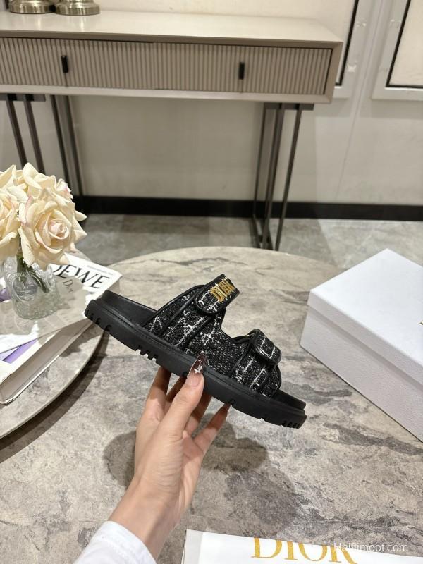 2025 Women Dior Black White Fabric Leather Sandals KFY00300