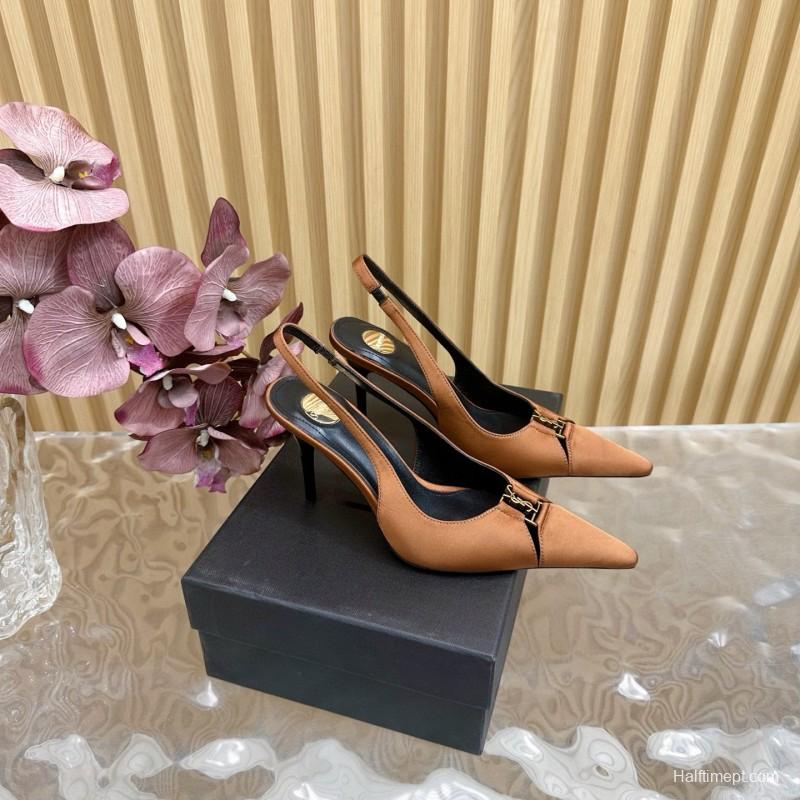 2025 Women Yves Saint Laurent Brown Leather Slingback Pumps MJ00300