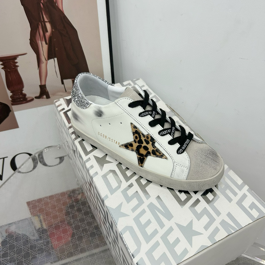2025 Women GGDB White Black Leopard Print Leather Sneakers