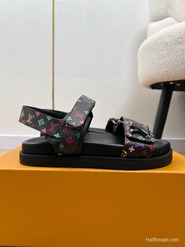 2025 Women Louis Vuitton Black Multicolor Canvas Sandals