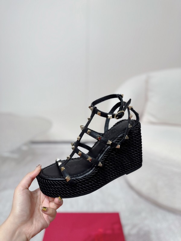 2025 Women Valentino Black Leather Studded Wedge Sandals