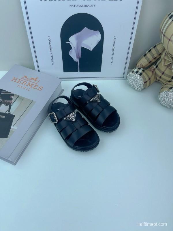 2025 Kids PRADA Black White Leather Sandals