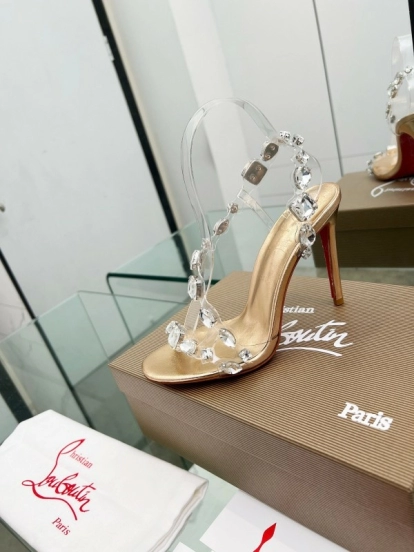2025 Women Christian Louboutin Gold PVC Crystal High Heel Sandals LY00300