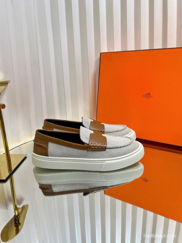 2025 Unisex Hermès White Brown Leather Fabric Loafers