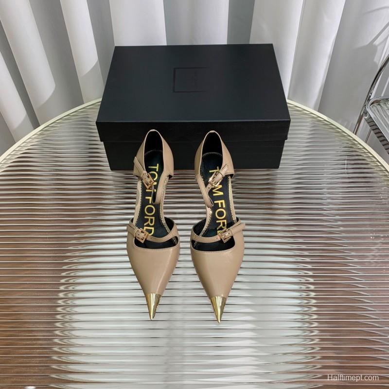 2025 Women TOM FORD Beige Leather Pointed Toe Metal Tip Pumps KFY00320