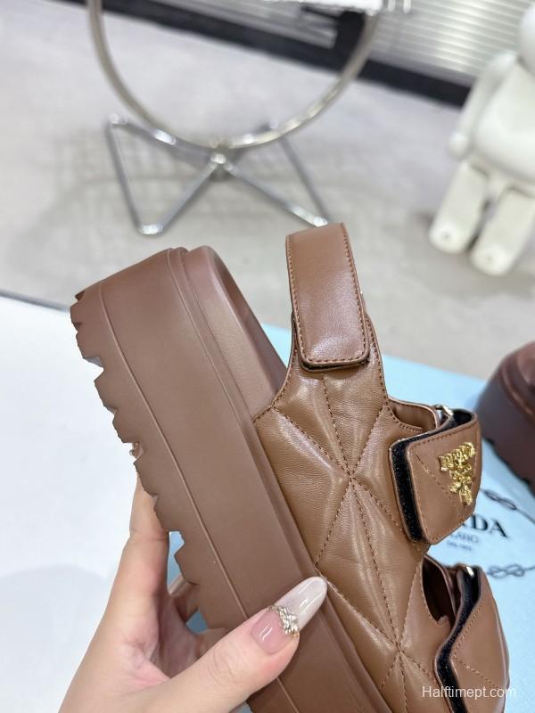 2025 Women Prada Brown Leather Sandals