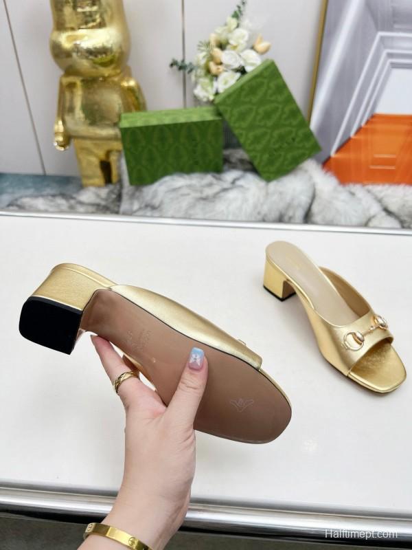2025 Women Gucci Gold Leather Heeled Slip-On Horsebit MJ00180