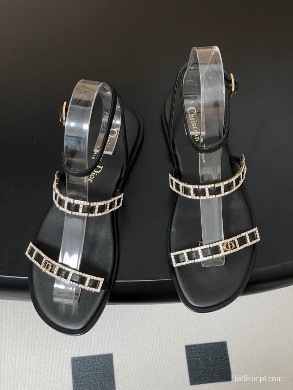 2025 Women Dior Black Crystal Embellished Leather Flat Sandals