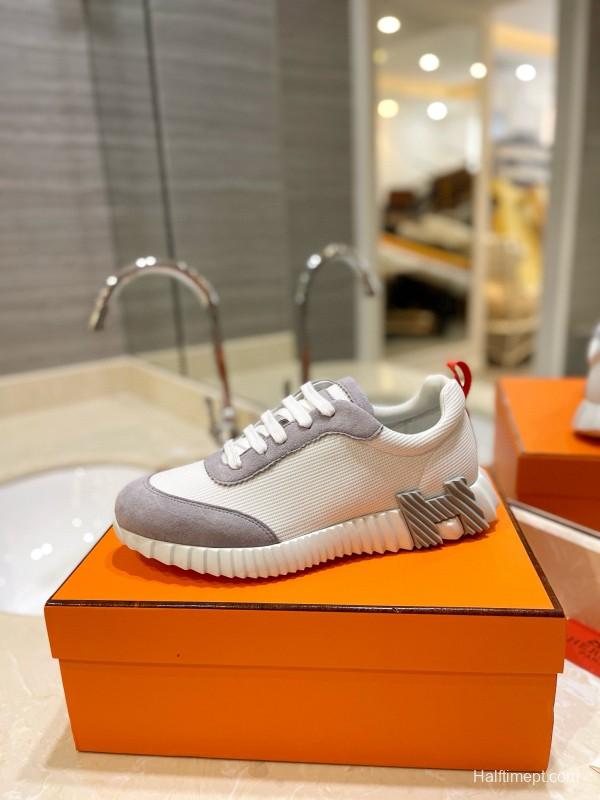 2024 Women Hermès white gray mesh suede sneakers